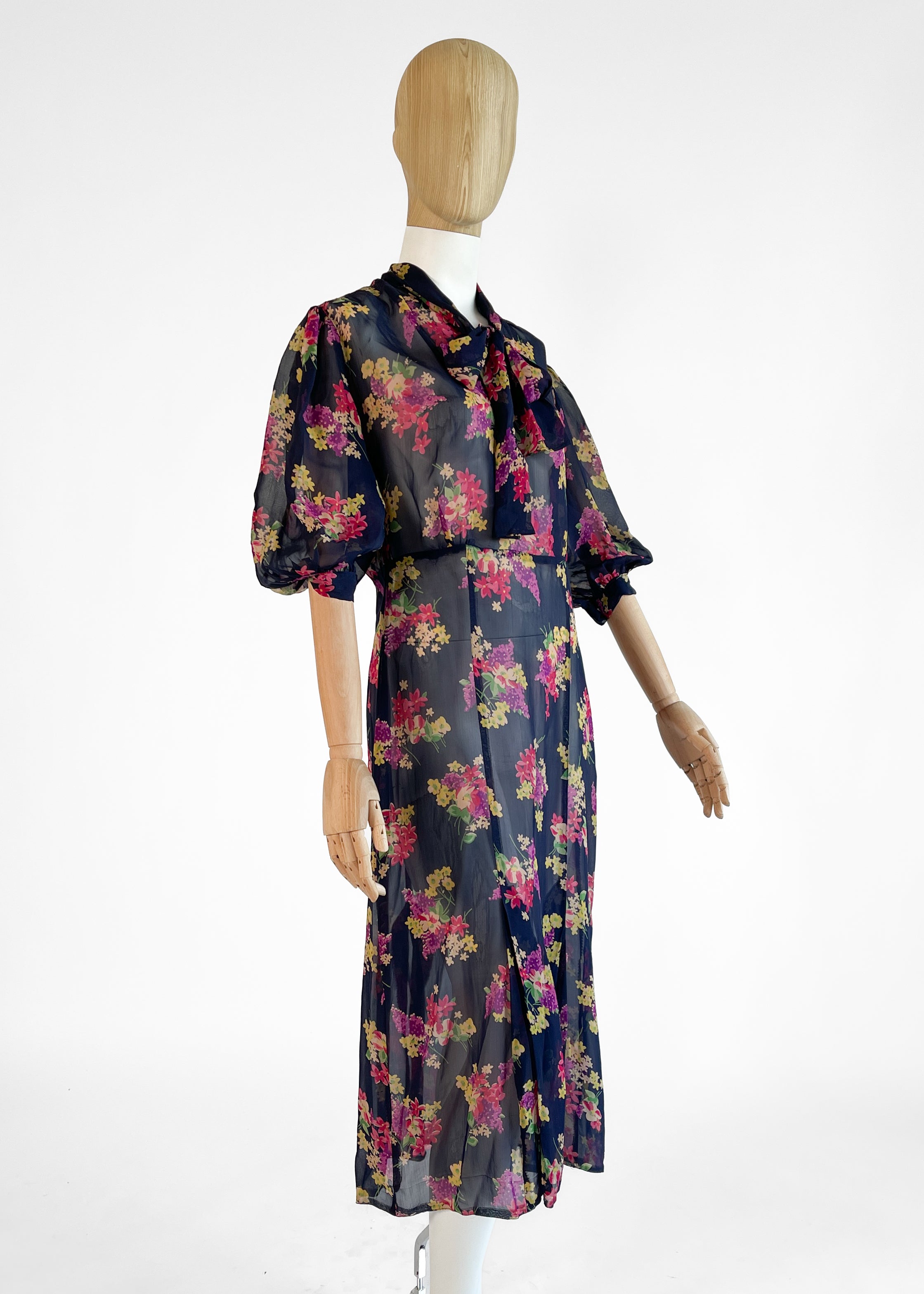 Vintage 1930s Floral Silk Chiffon Dress