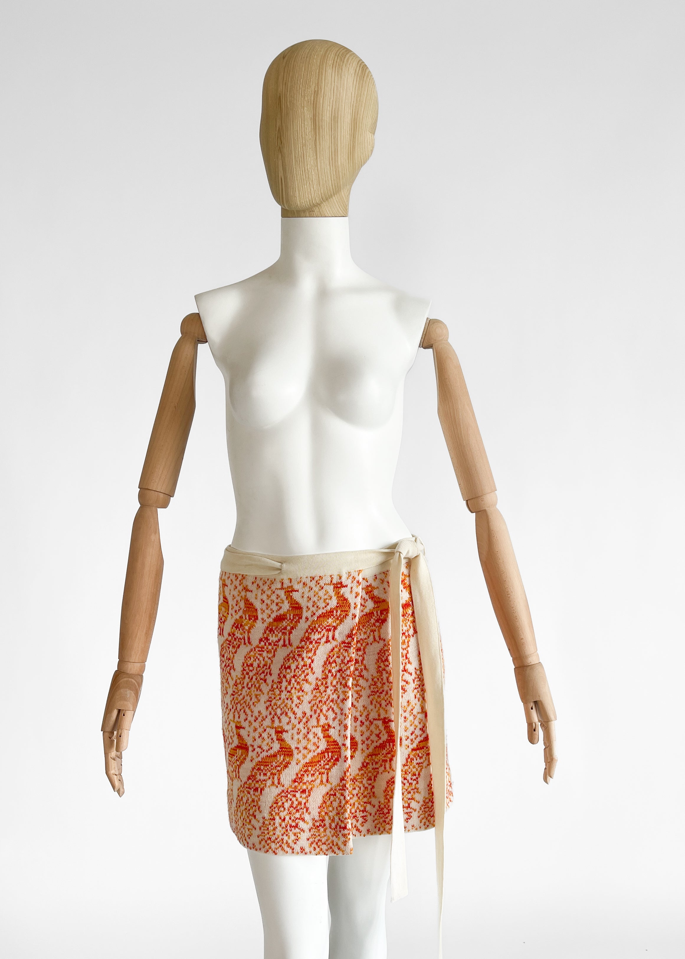 1970s Spaghetti London Peacock Knit Wrap Skirt