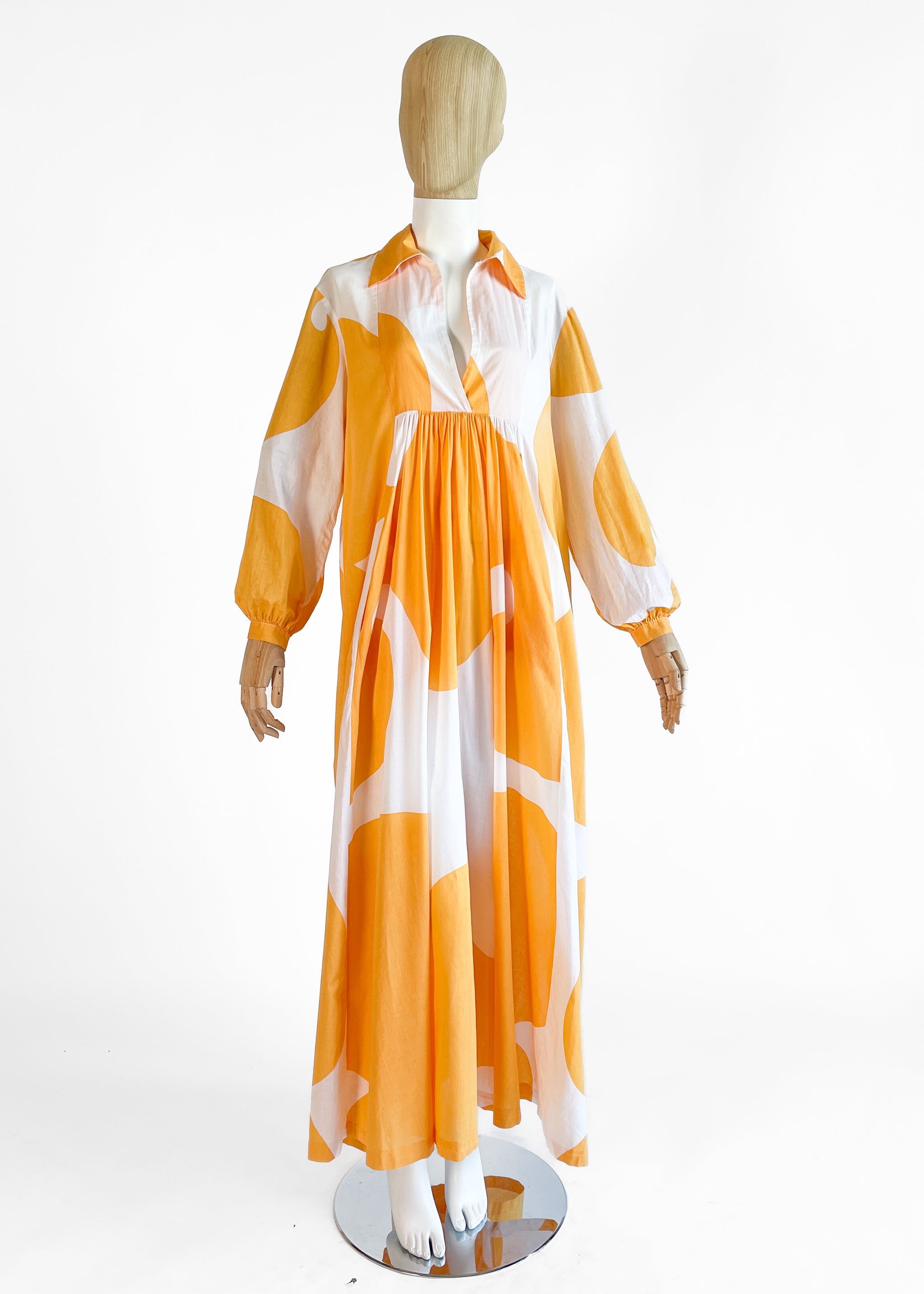Marimekko 1970s Jokeri Print Cotton Caftan Maxi Dress — Marigold Orange