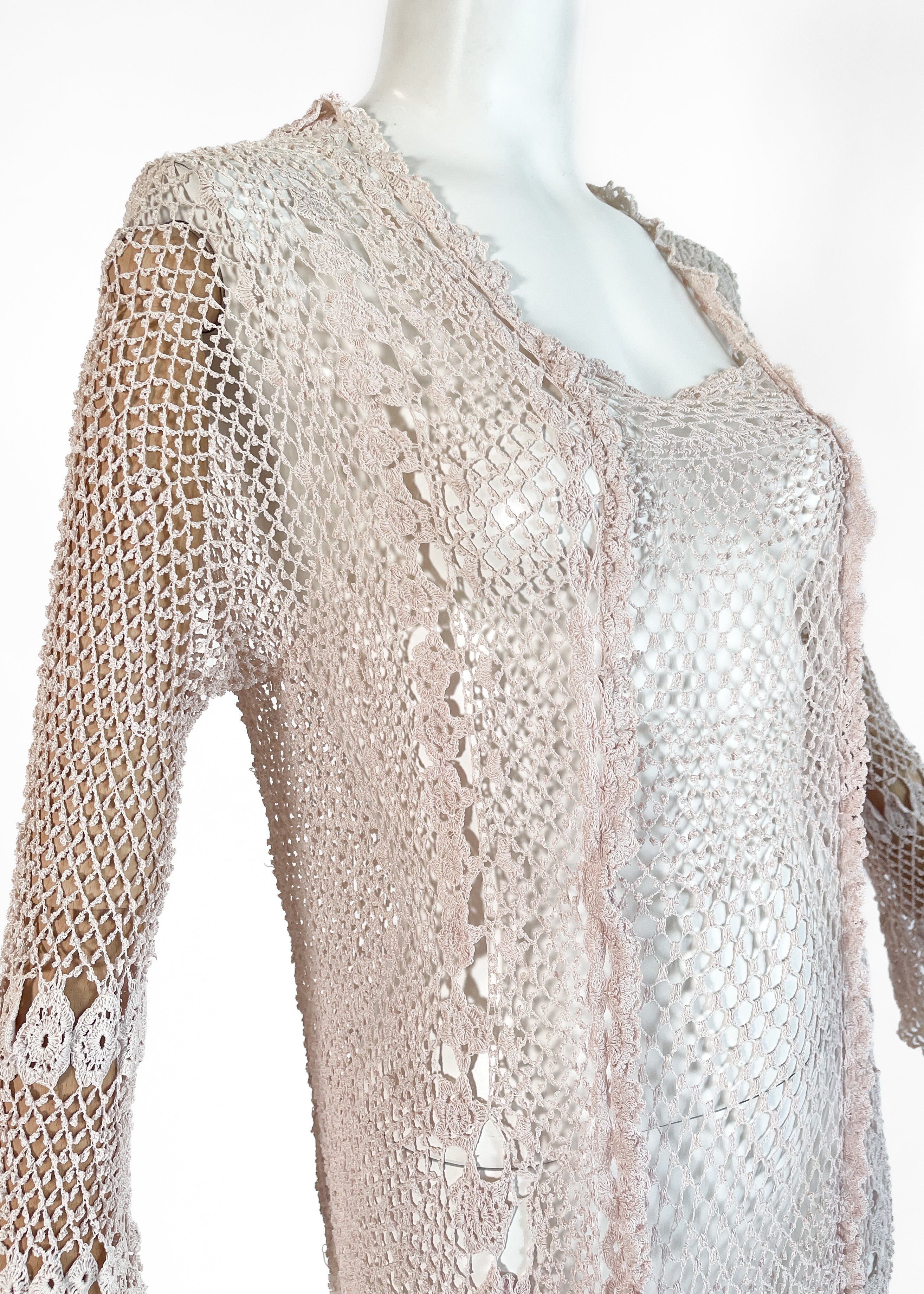 Antique 1920s Pale Pink Rayon Crochet Net Dress