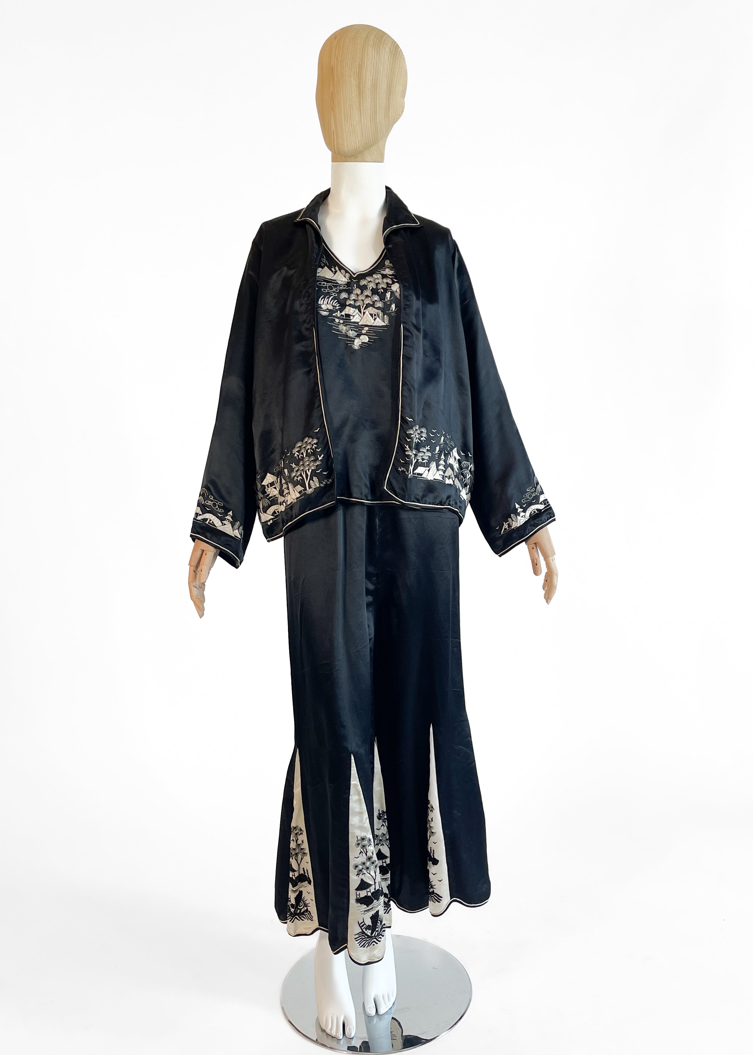 1920s Embroidered Silk Lounging Pajamas