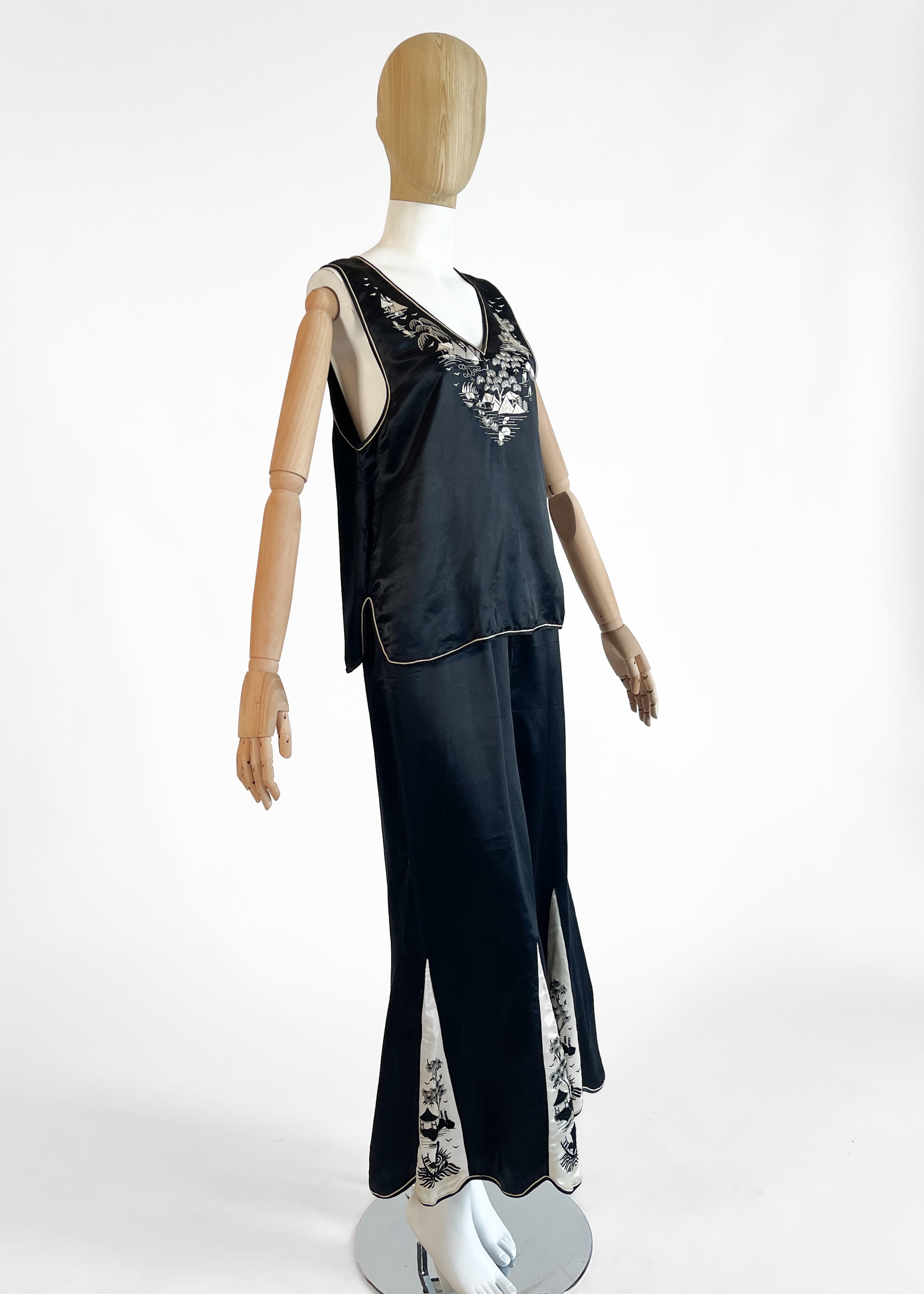 1920s Embroidered Silk Lounging Pajamas