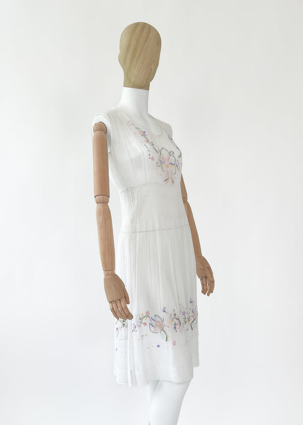Vintage Embroidered Cotton Smocked Dress