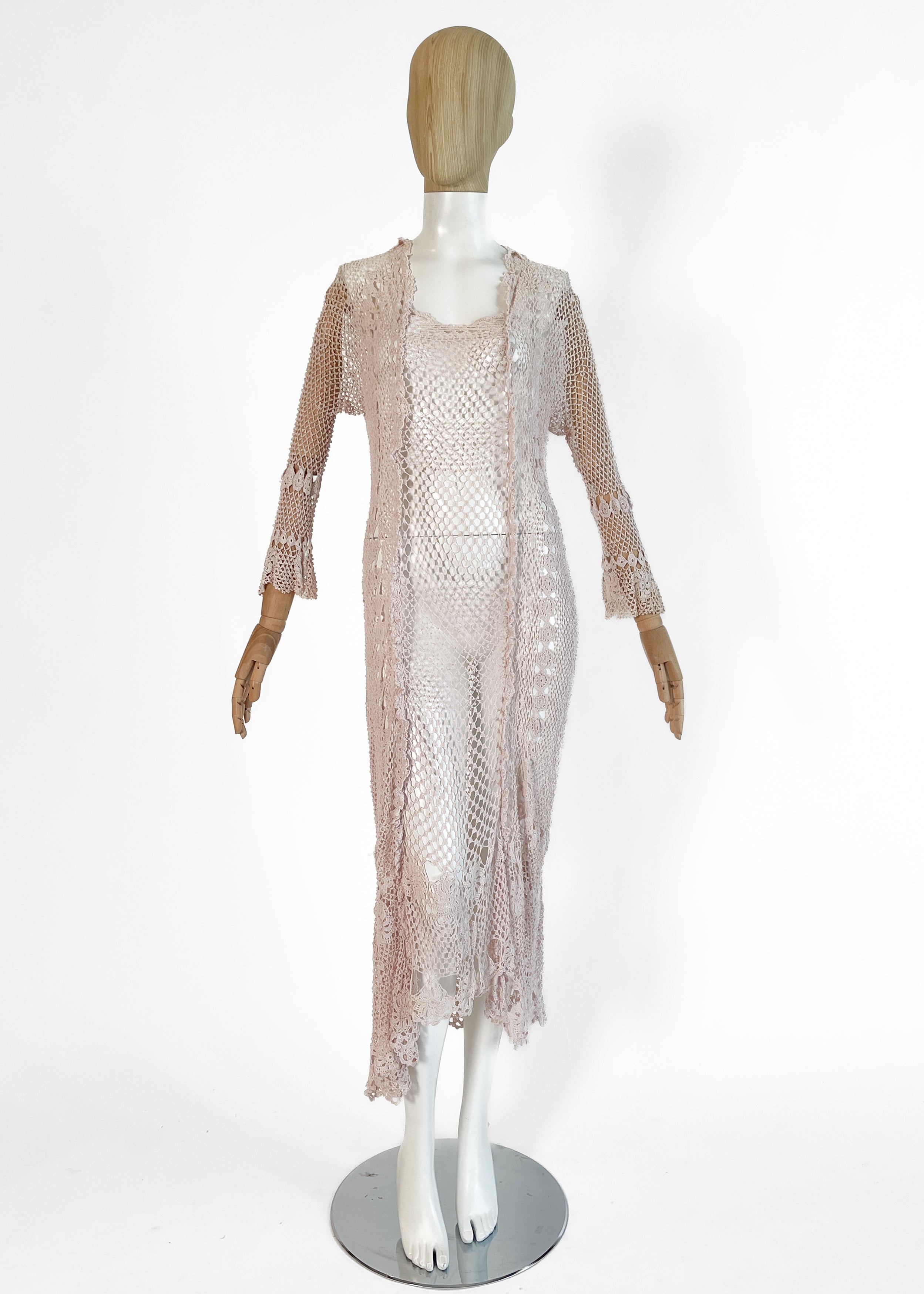 Antique 1920s Pale Pink Rayon Crochet Net Dress