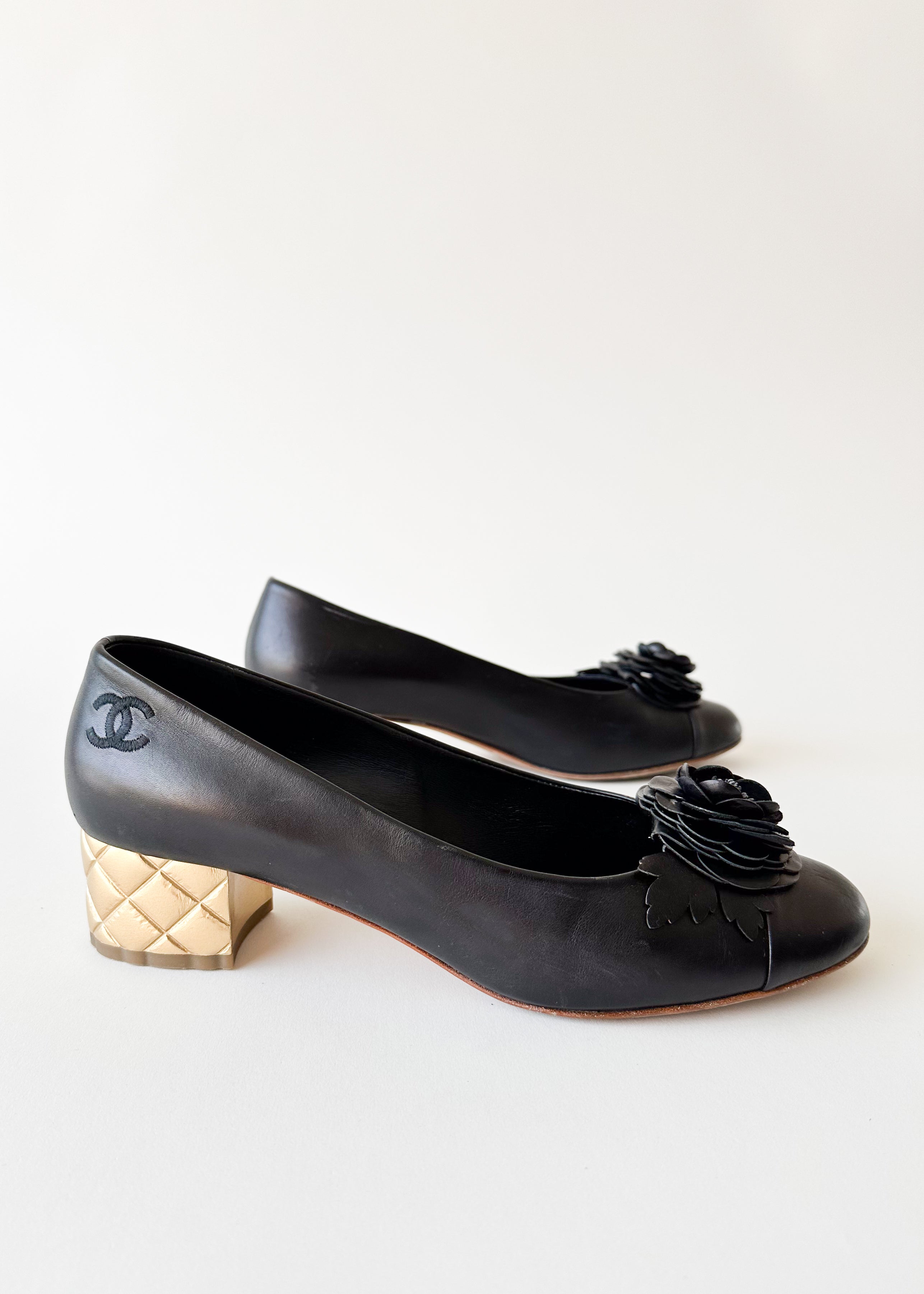 Vintage Chanel Camelia Cap Toe Quilted Heel Pumps