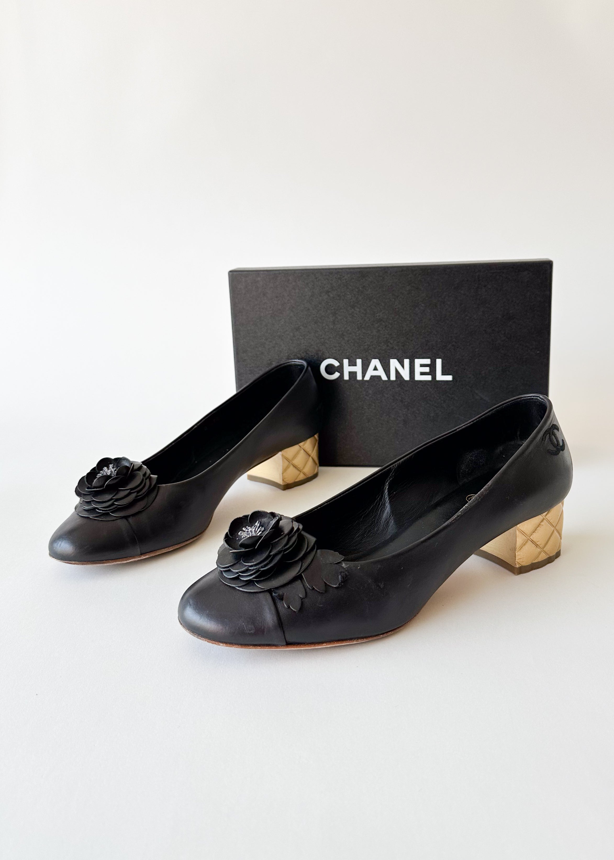 Vintage Chanel Camelia Cap Toe Quilted Heel Pumps