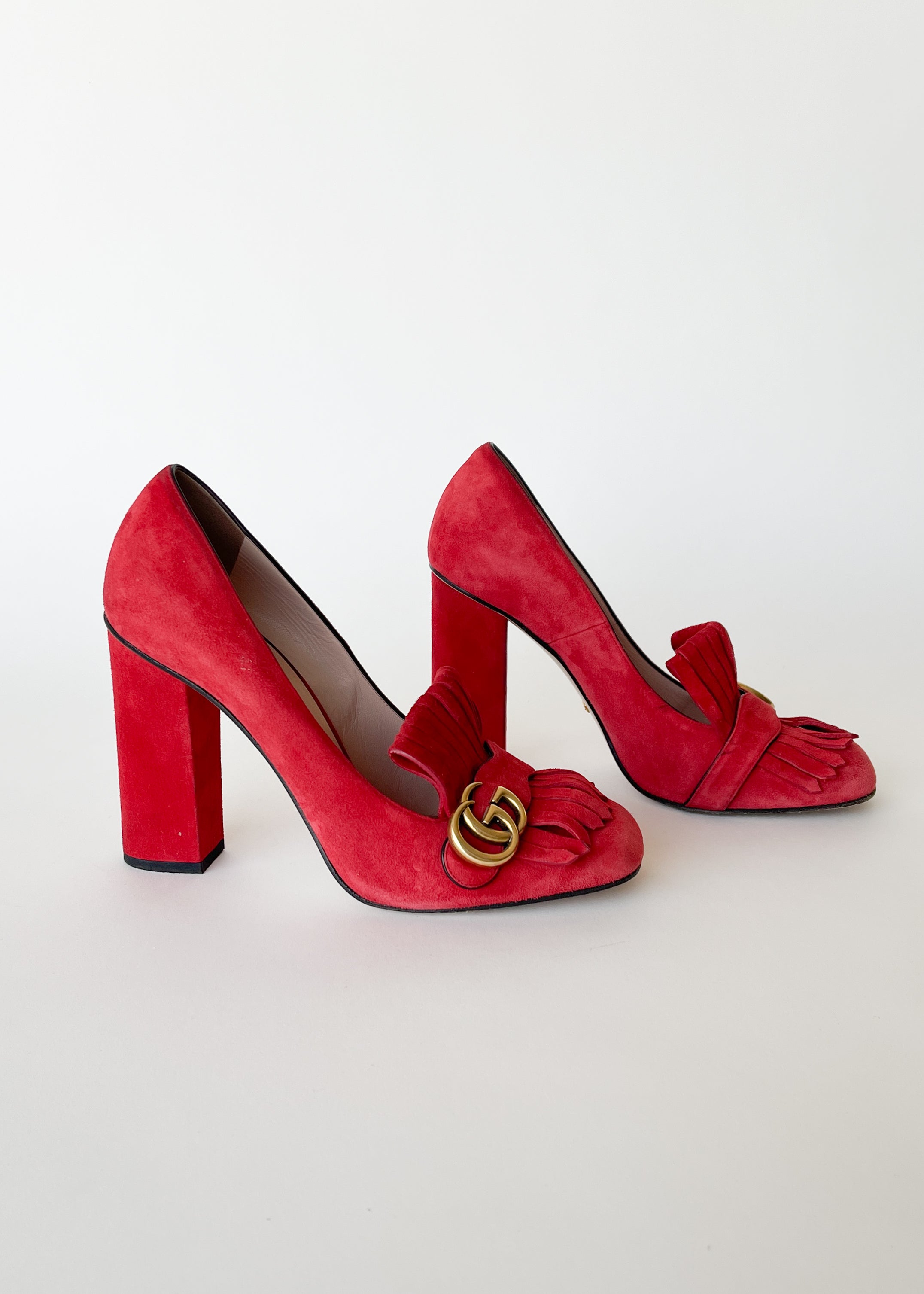 Vintage Gucci Red Suede GG Marmont Fringe Block Heel Pumps