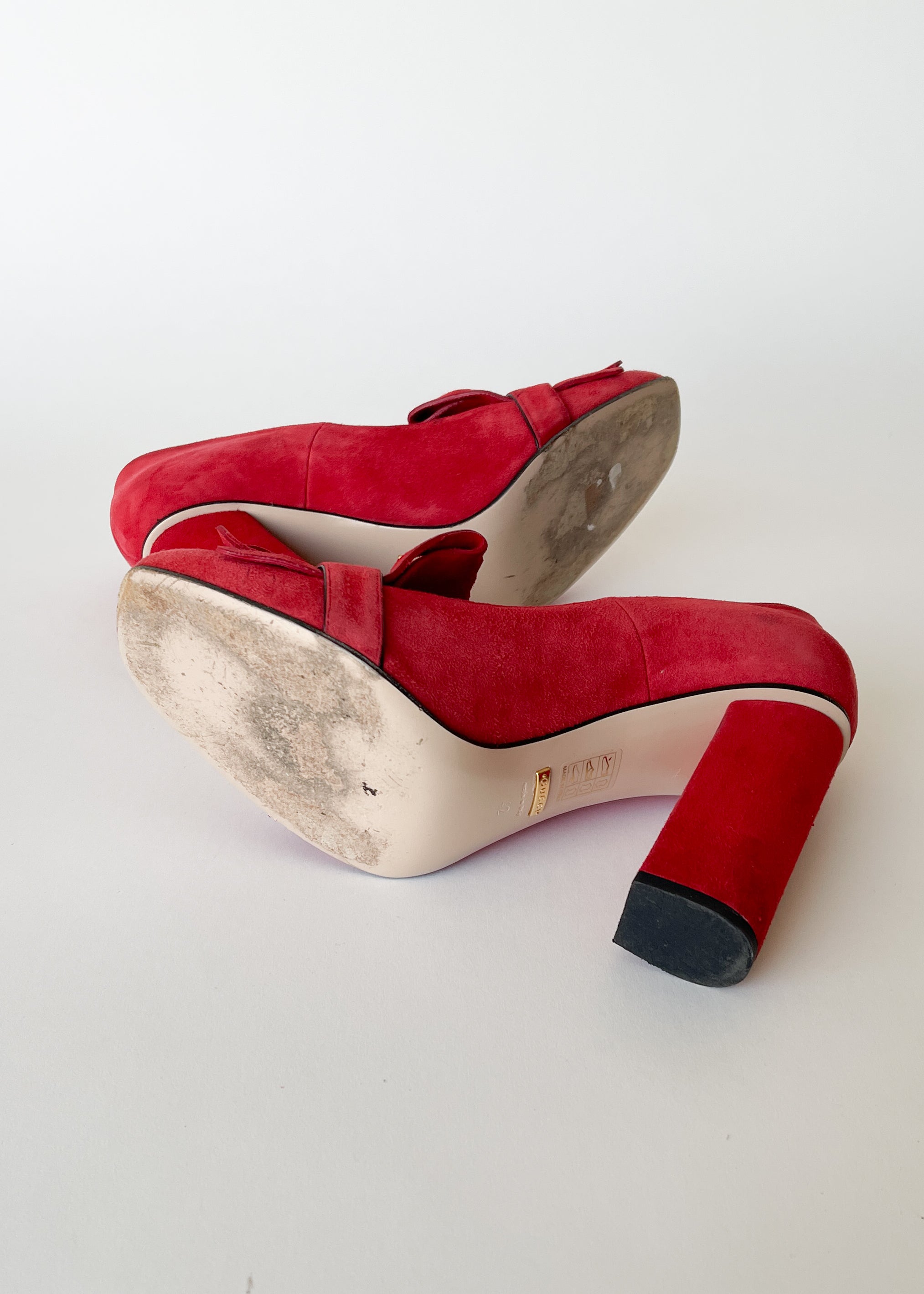 Vintage Gucci Red Suede GG Marmont Fringe Block Heel Pumps