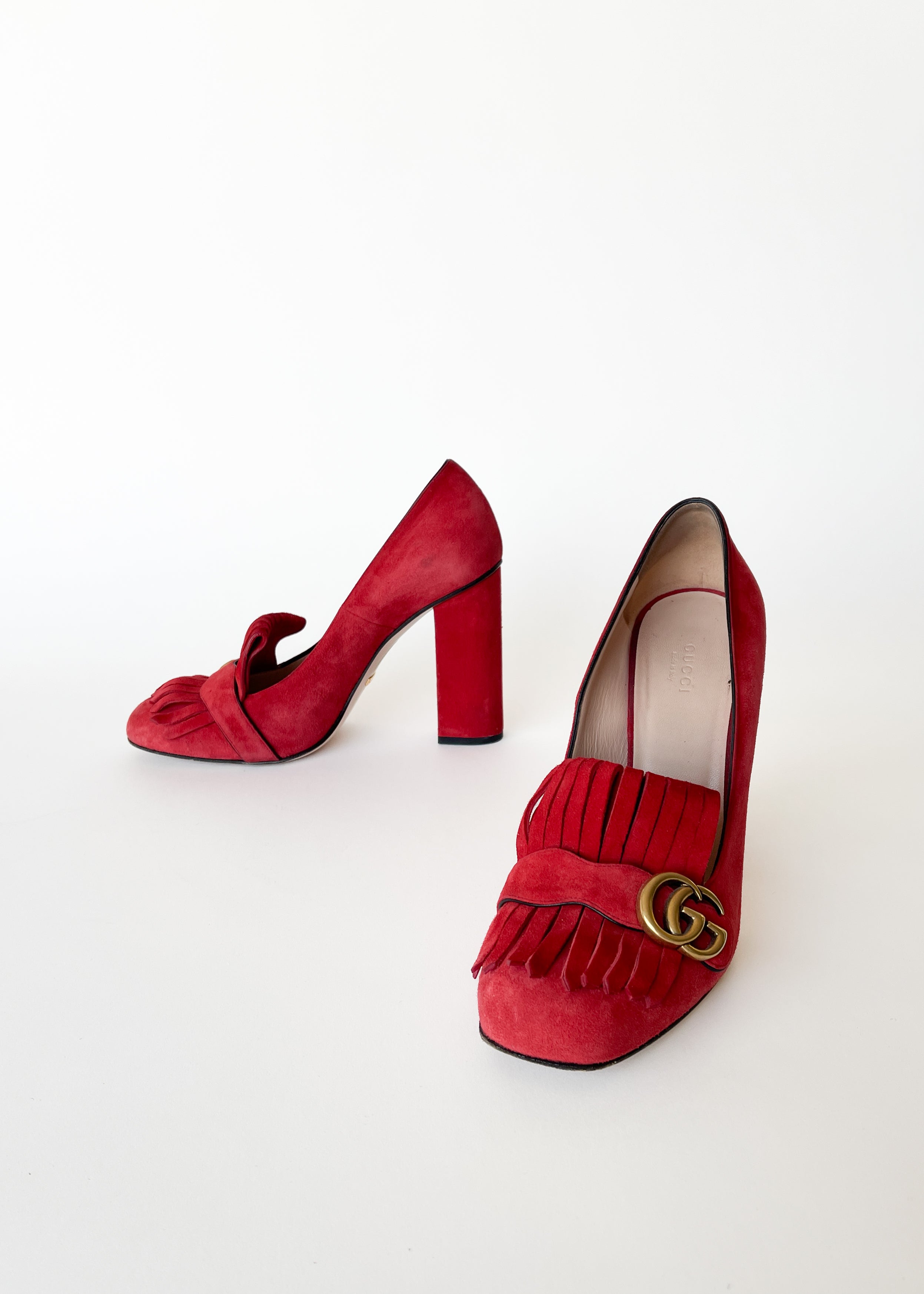 Vintage Gucci Red Suede GG Marmont Fringe Block Heel Pumps