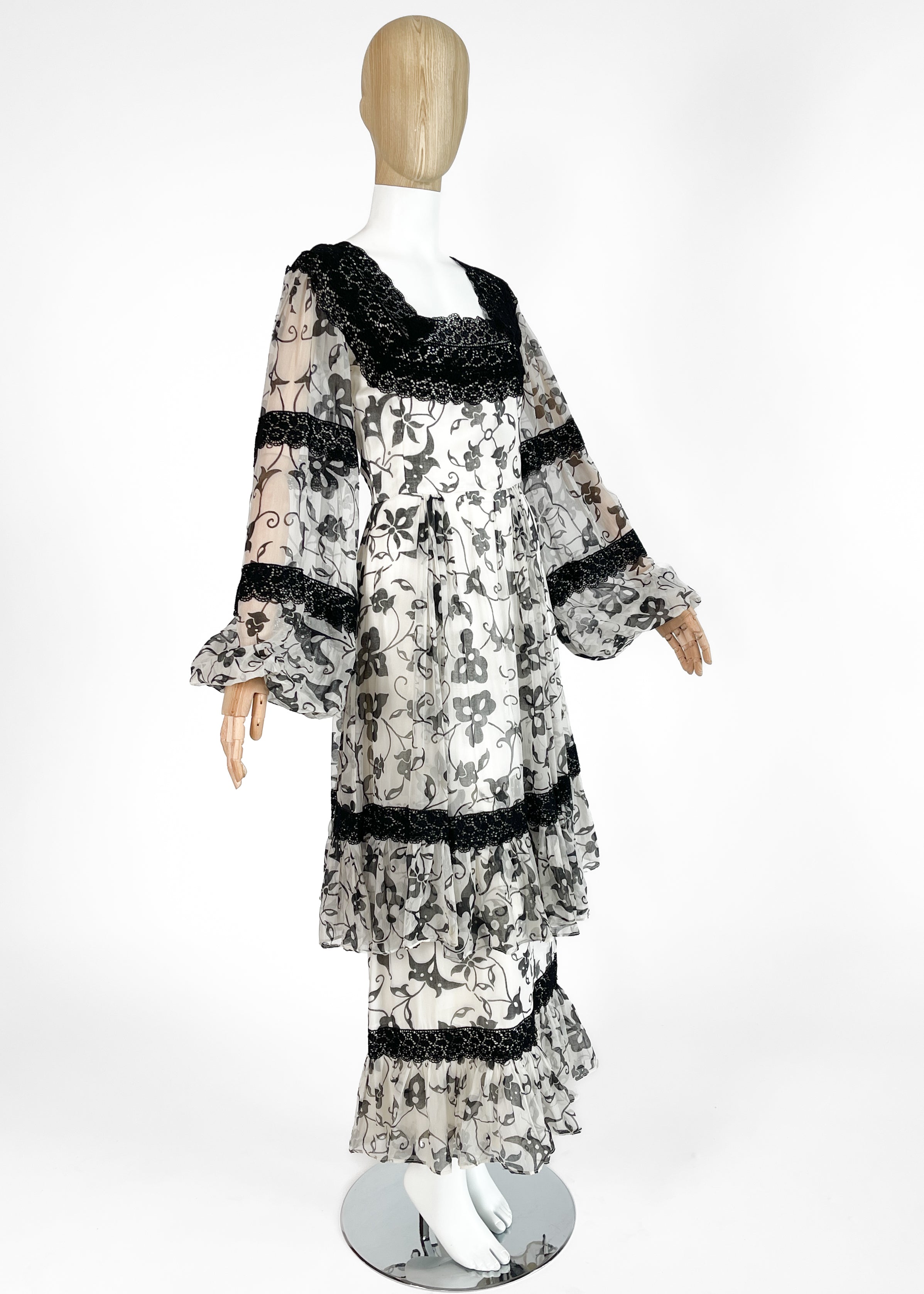 1970s Thea Porter Silk Chiffon Floral Dress