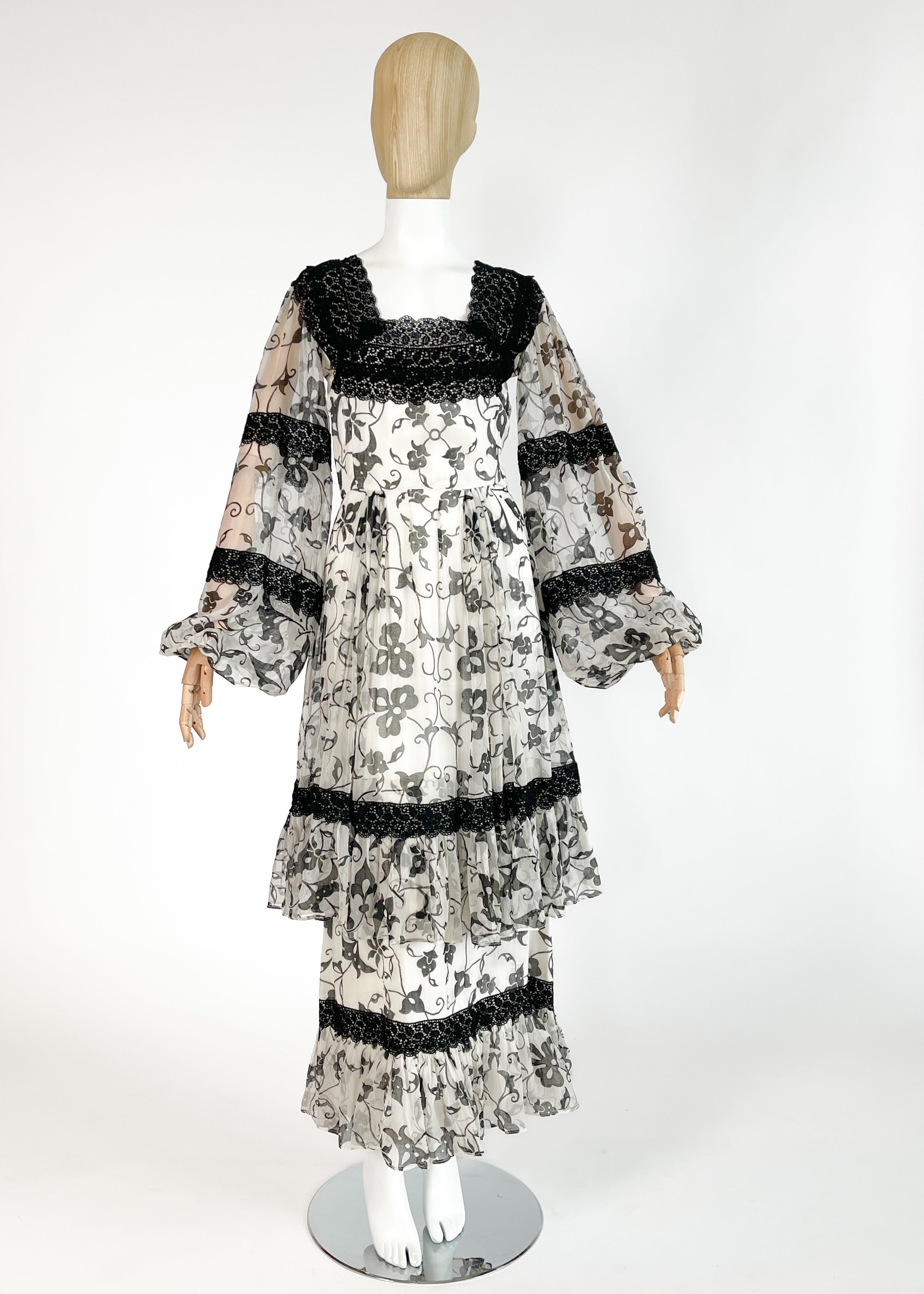 1970s Thea Porter Silk Chiffon Floral Dress