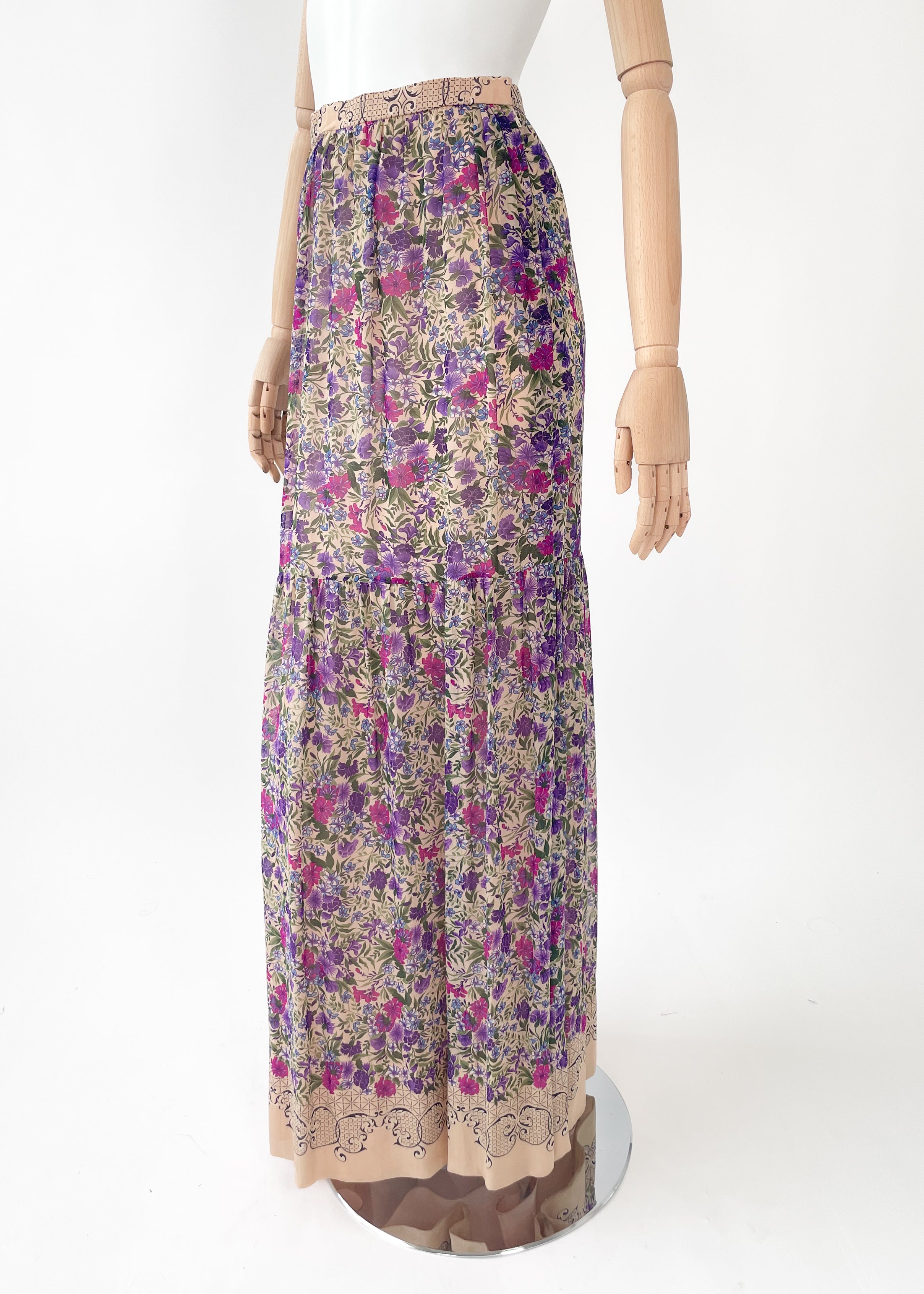 Vintage 1970s French Silk Floral Maxi Skirt