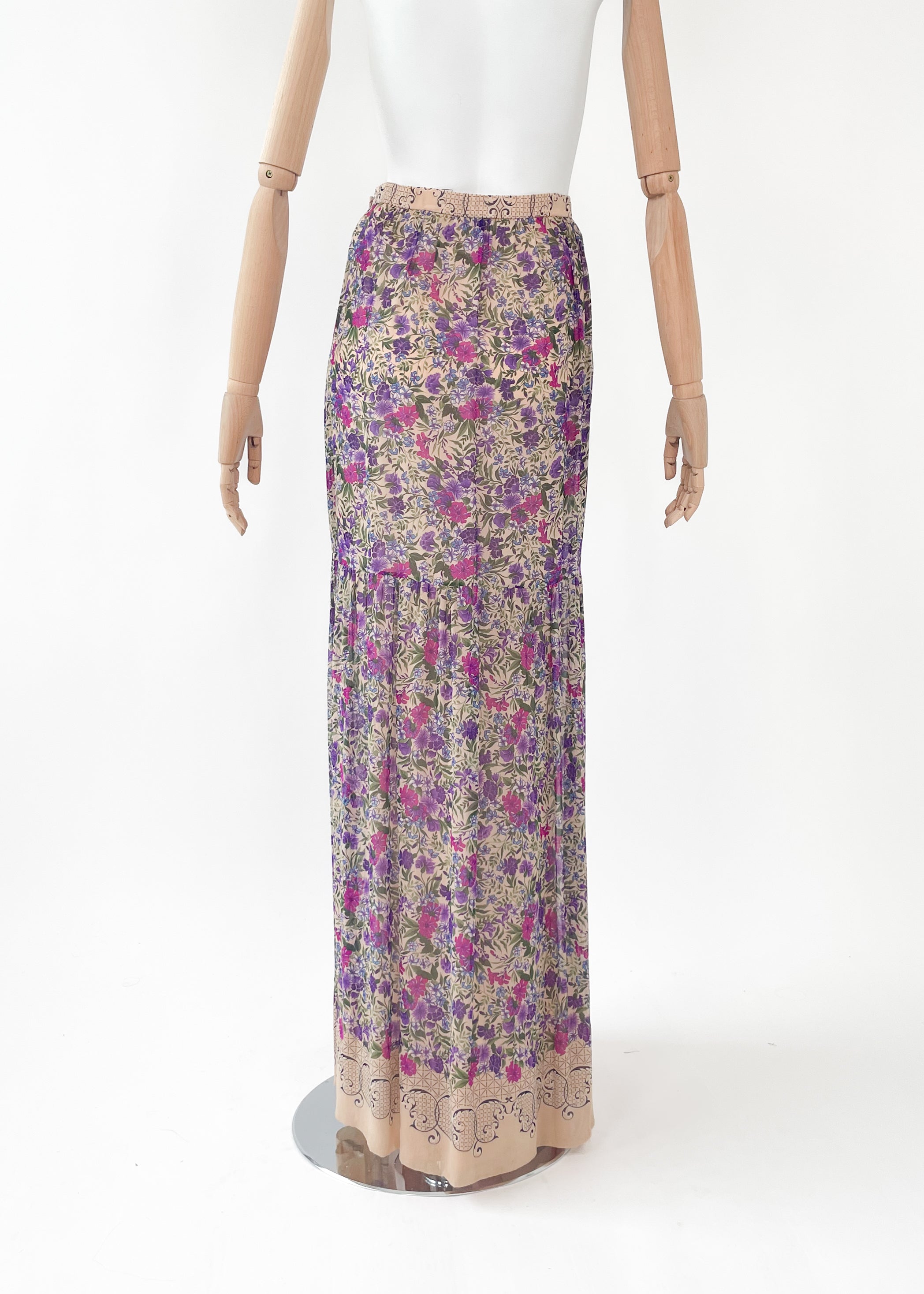 Vintage 1970s French Silk Floral Maxi Skirt