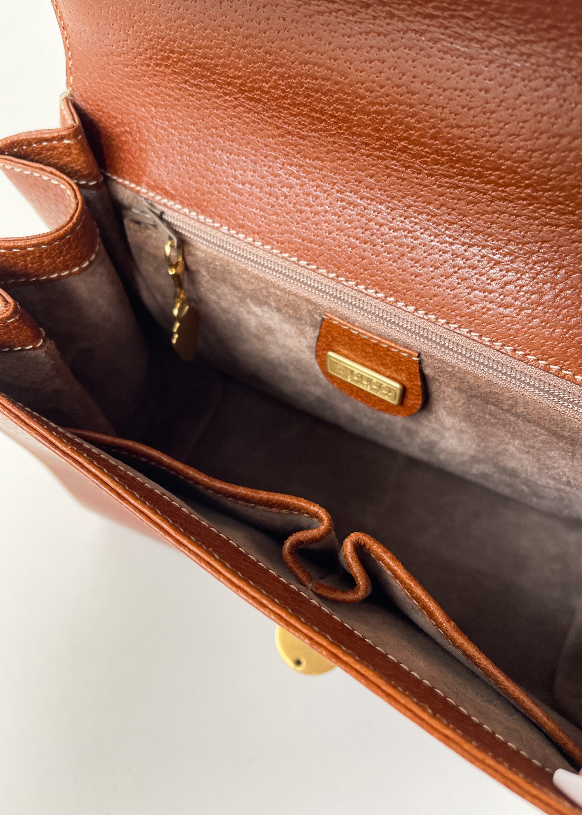 Vintage Gucci Leather Handbag with Carved Wood Handle