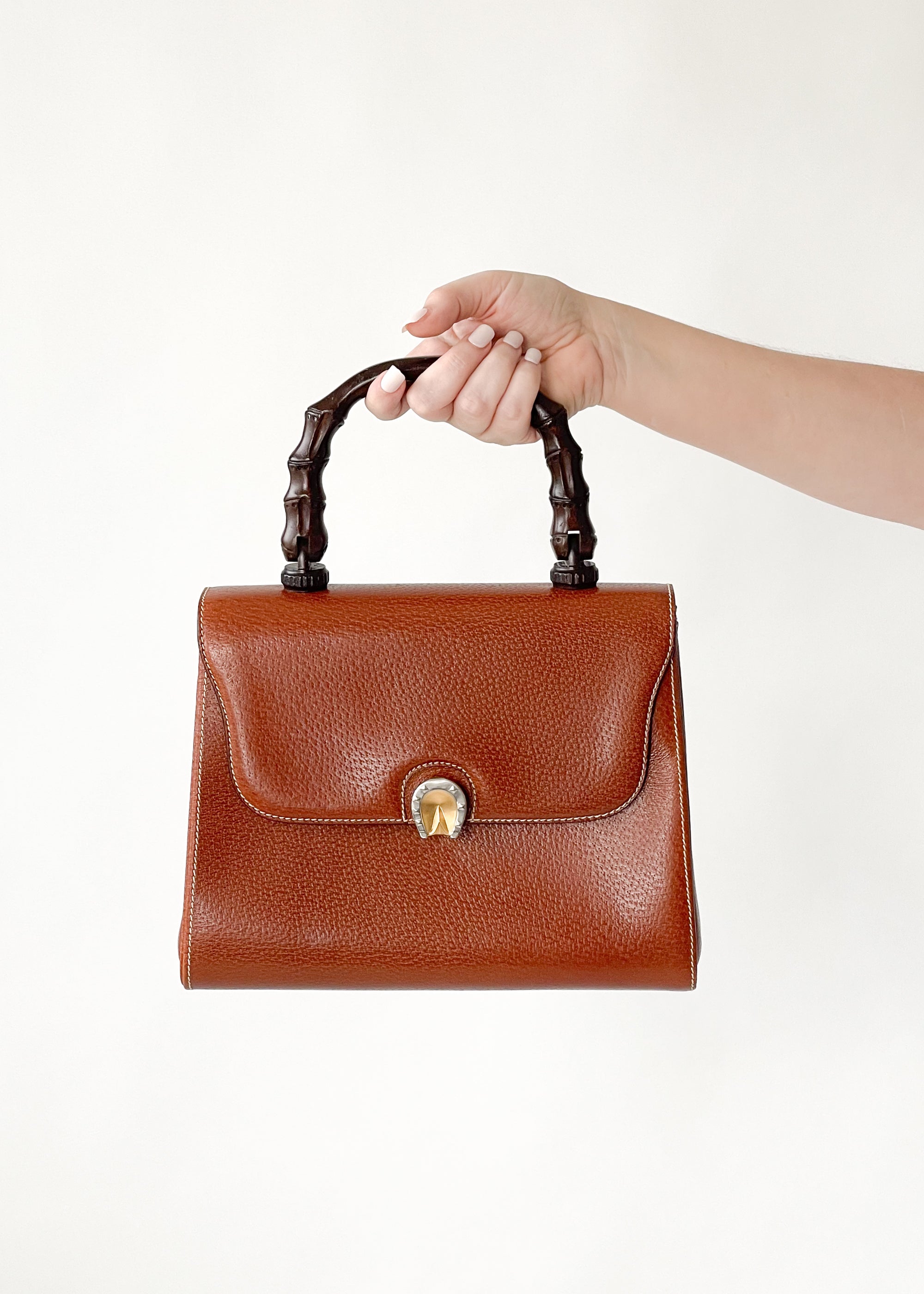 バッグ Rare GUCCI Leather Wood Handle Tote Bag Vintage Gucci Leather Handbag with Carved Wood Handle