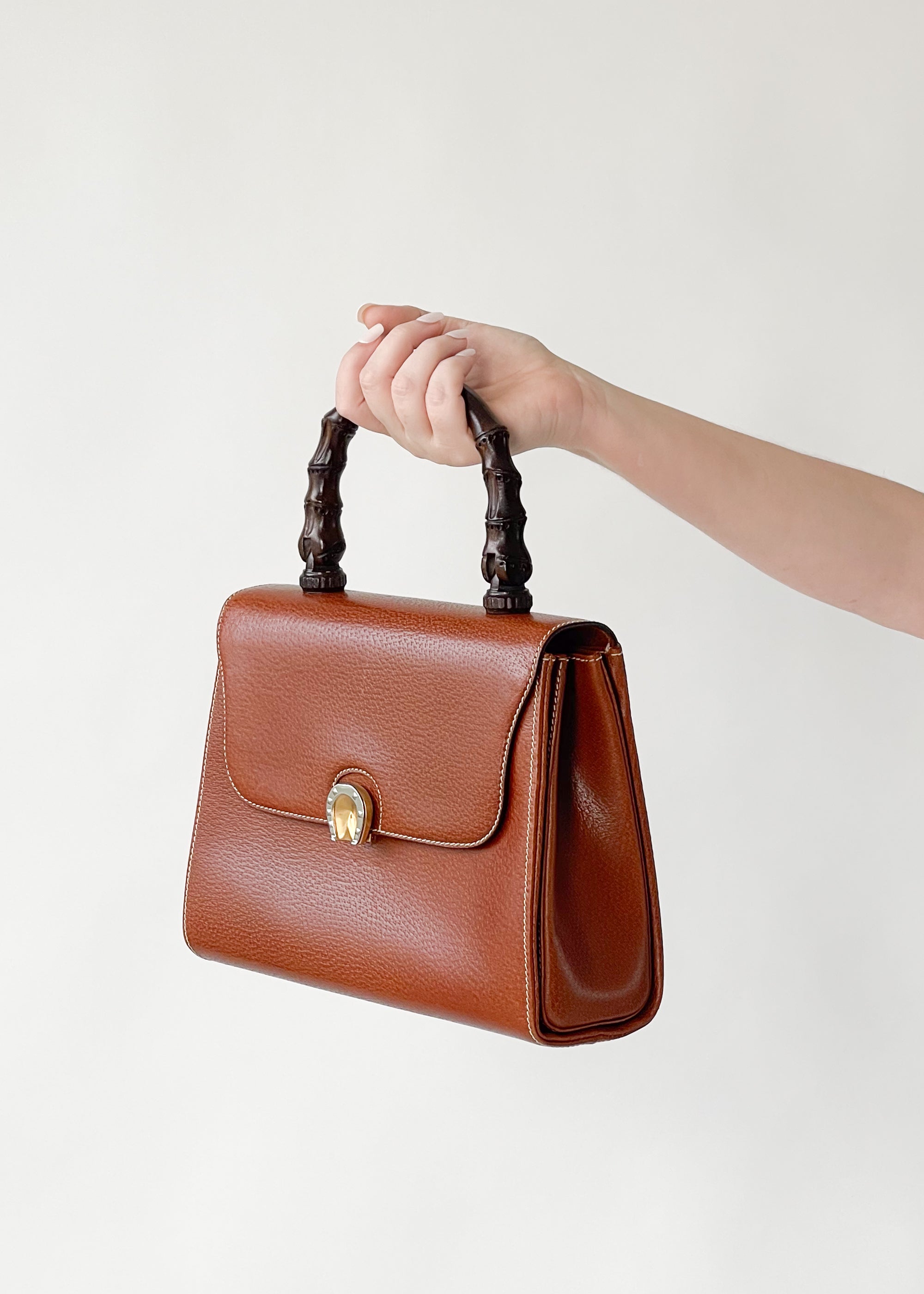 Vintage Gucci Leather Handbag with Carved Wood Handle