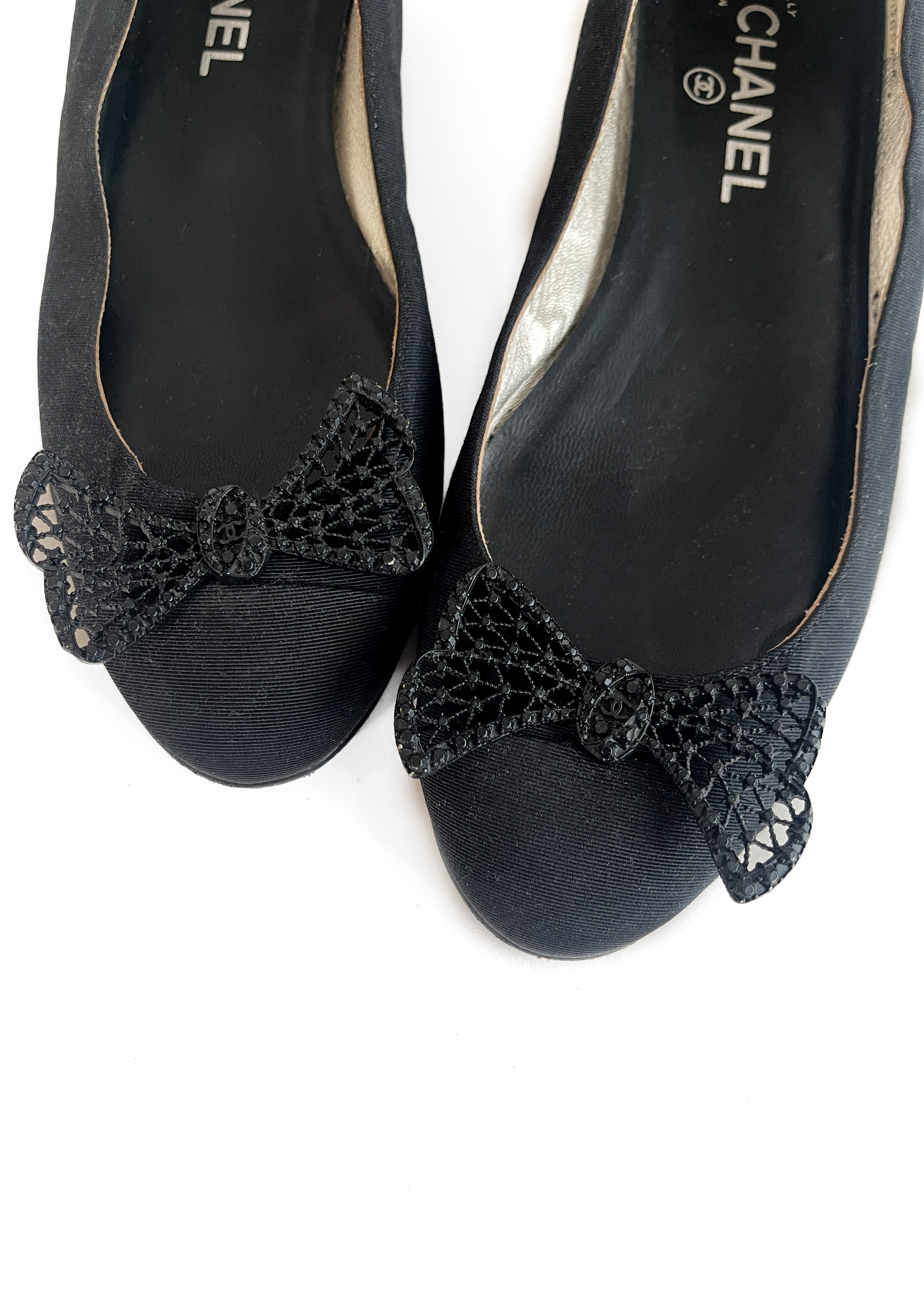Vintage Chanel Black Ballet Flats with Metal Bows