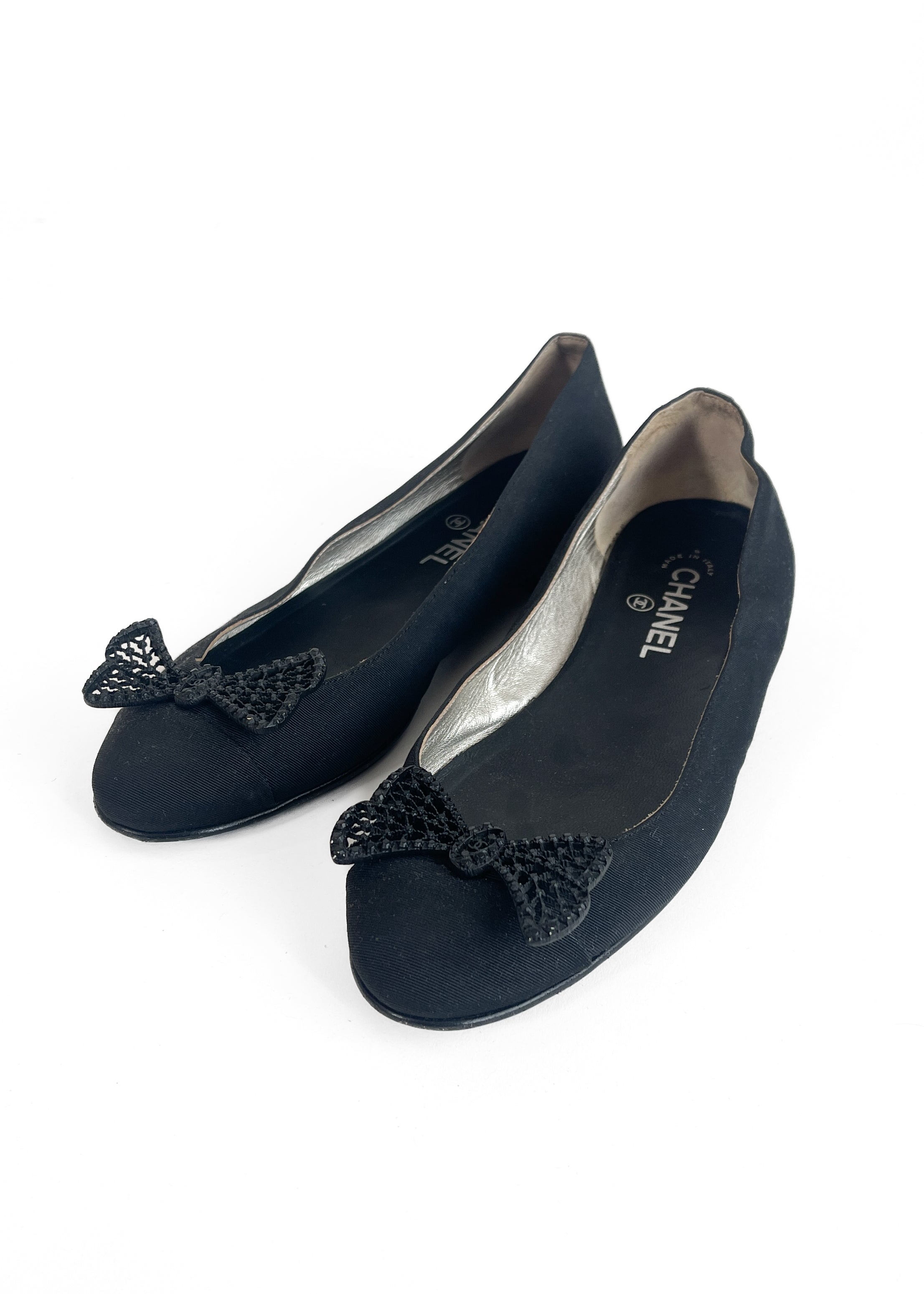 Vintage Chanel Black Ballet Flats with Metal Bows