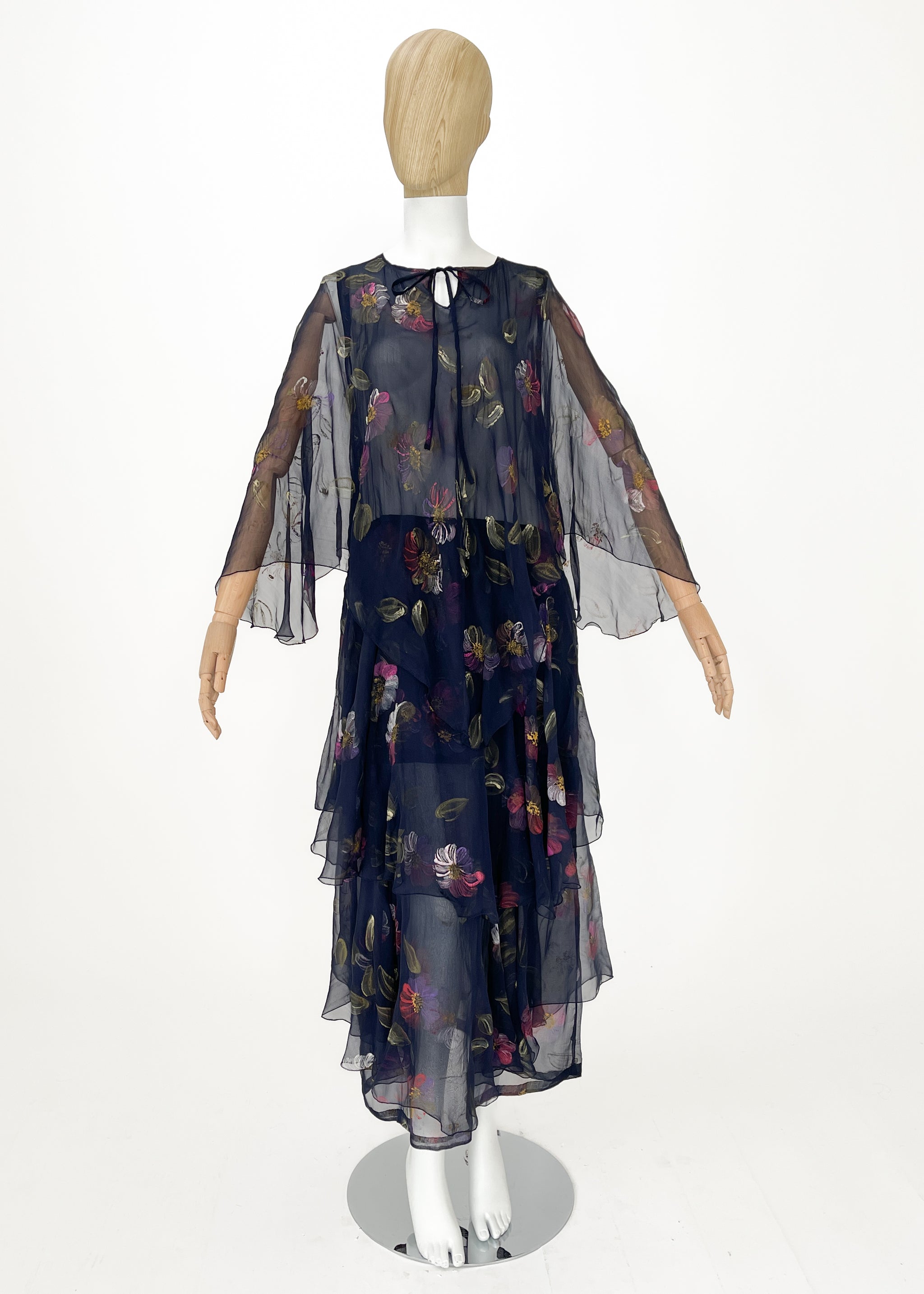 Vintage 1970s Italian Hand-Painted Silk Chiffon Tiered Maxi Dress