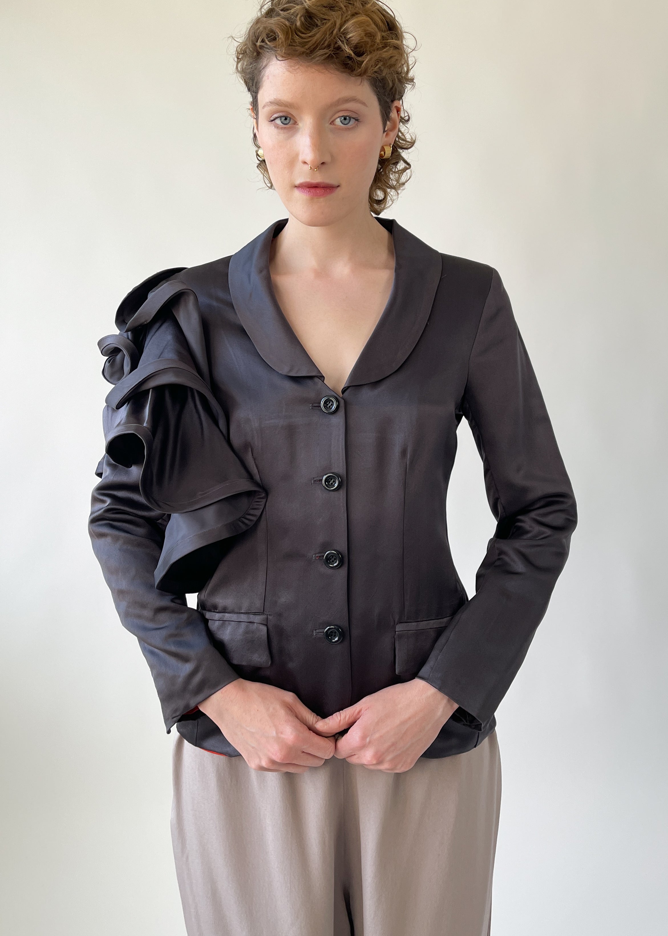 Purple Satin Ruffle Sleeve Blazer