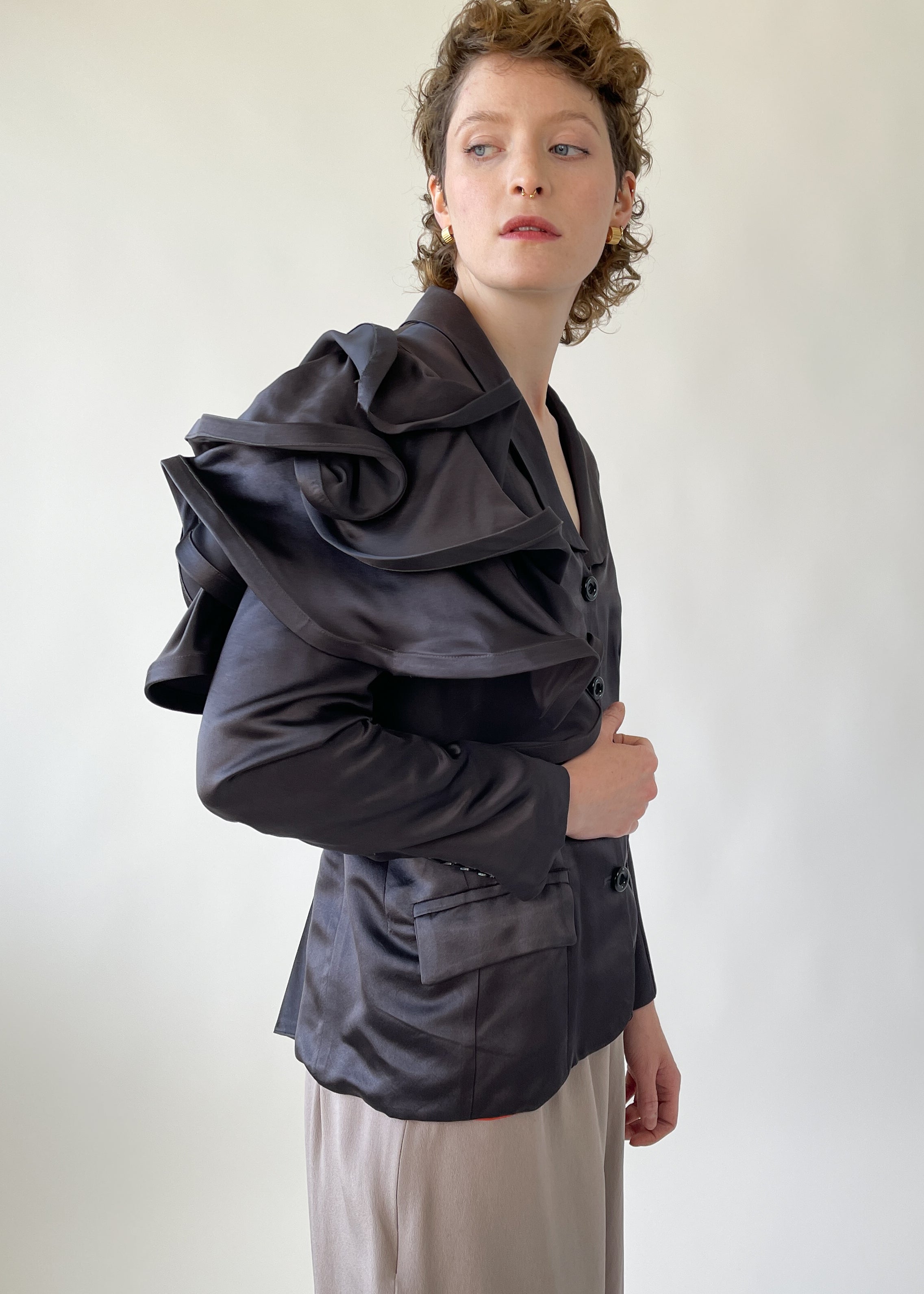 Purple Satin Ruffle Sleeve Blazer