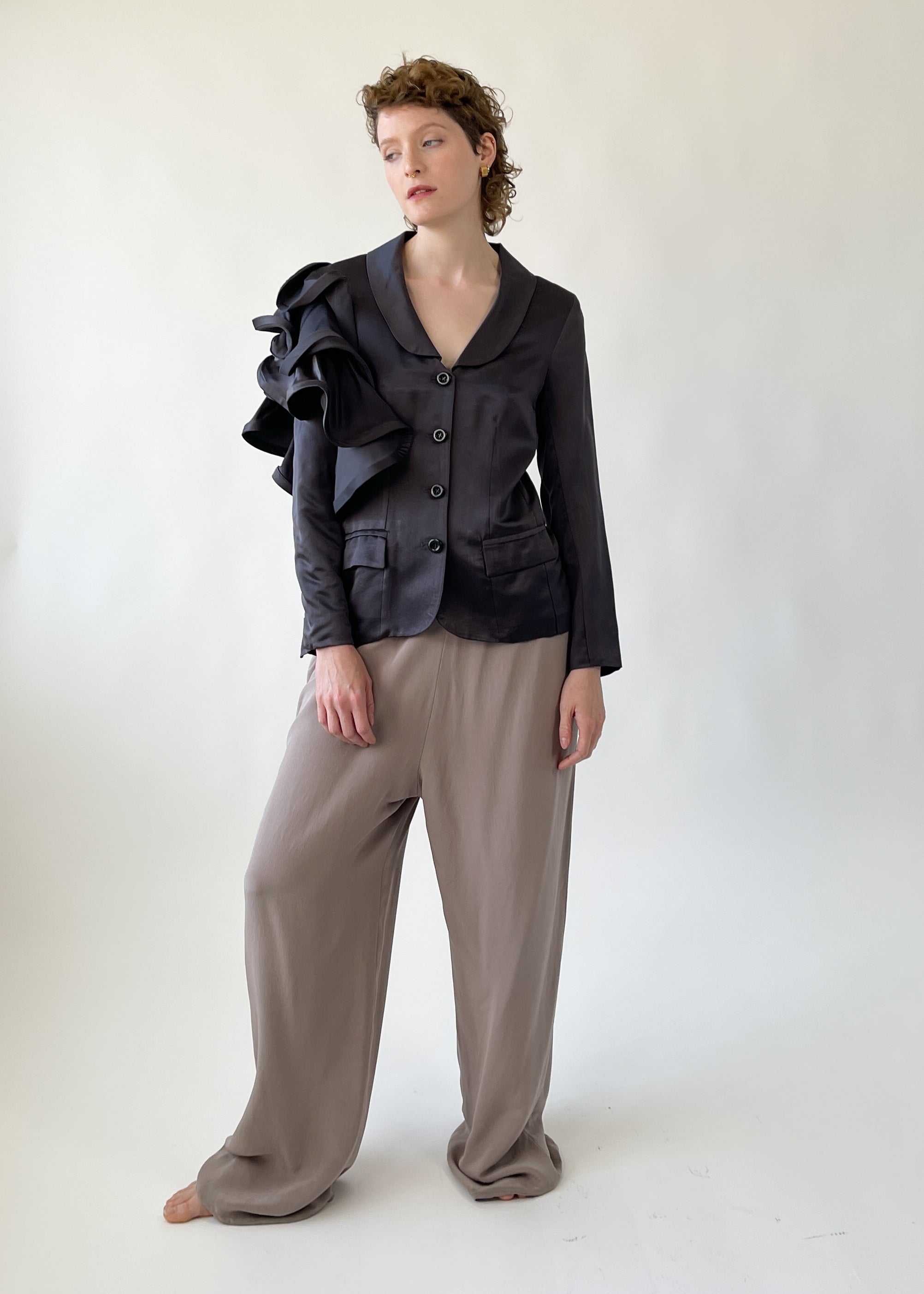 Purple Satin Ruffle Sleeve Blazer
