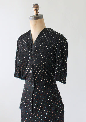 Vintage 1930s Black Polka Dot Rayon Jersey Suit Dress