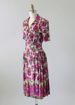 Vintage Early 1940s Fuchsia Floral Jersey Day Dress