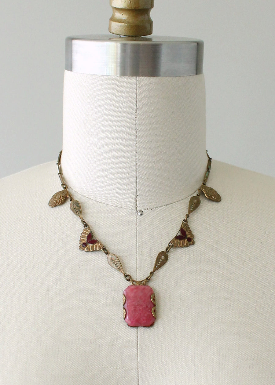 Vintage 1920s Pink Swirl Glass Art Deco Necklace