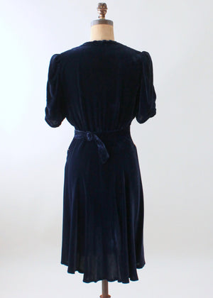 Vintage Early 1940s Embellished Blue Velvet Party Dress