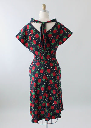 Vintage 1940s Red Roses Print Black Silk Dress