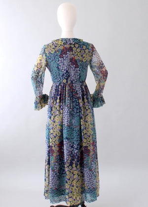 Vintage 1960s Floral Chiffon Long Sleeve Maxi Dress