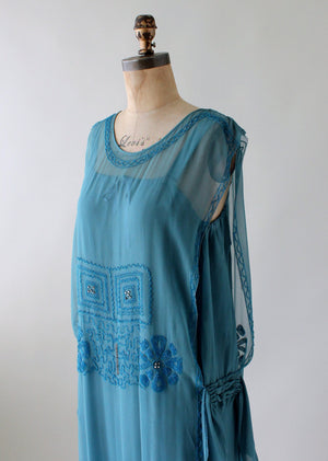 Vintage 1920s Cornflower Blue Tambour Beaded Silk Dress
