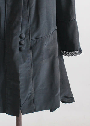 Antique Edwardian Black Silk Coat with Stand Up Collar