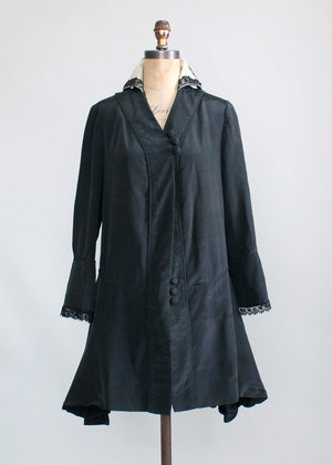Antique Edwardian Black Silk Coat with Stand Up Collar