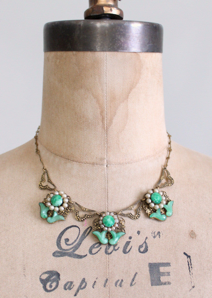 Vintage Late 1920s Jade Glass and Pearl Necklace