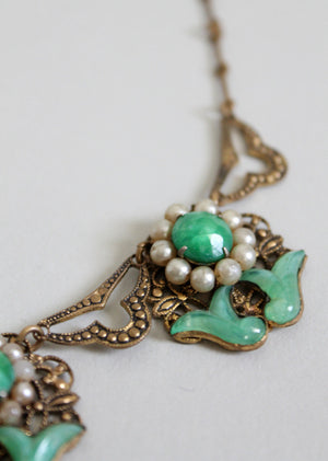 Vintage Late 1920s Jade Glass and Pearl Necklace