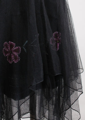 Vintage 1920s Floral Beaded Black Silk Flapper Dress