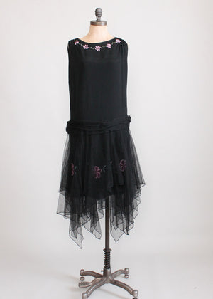 Vintage 1920s Floral Beaded Black Silk Flapper Dress