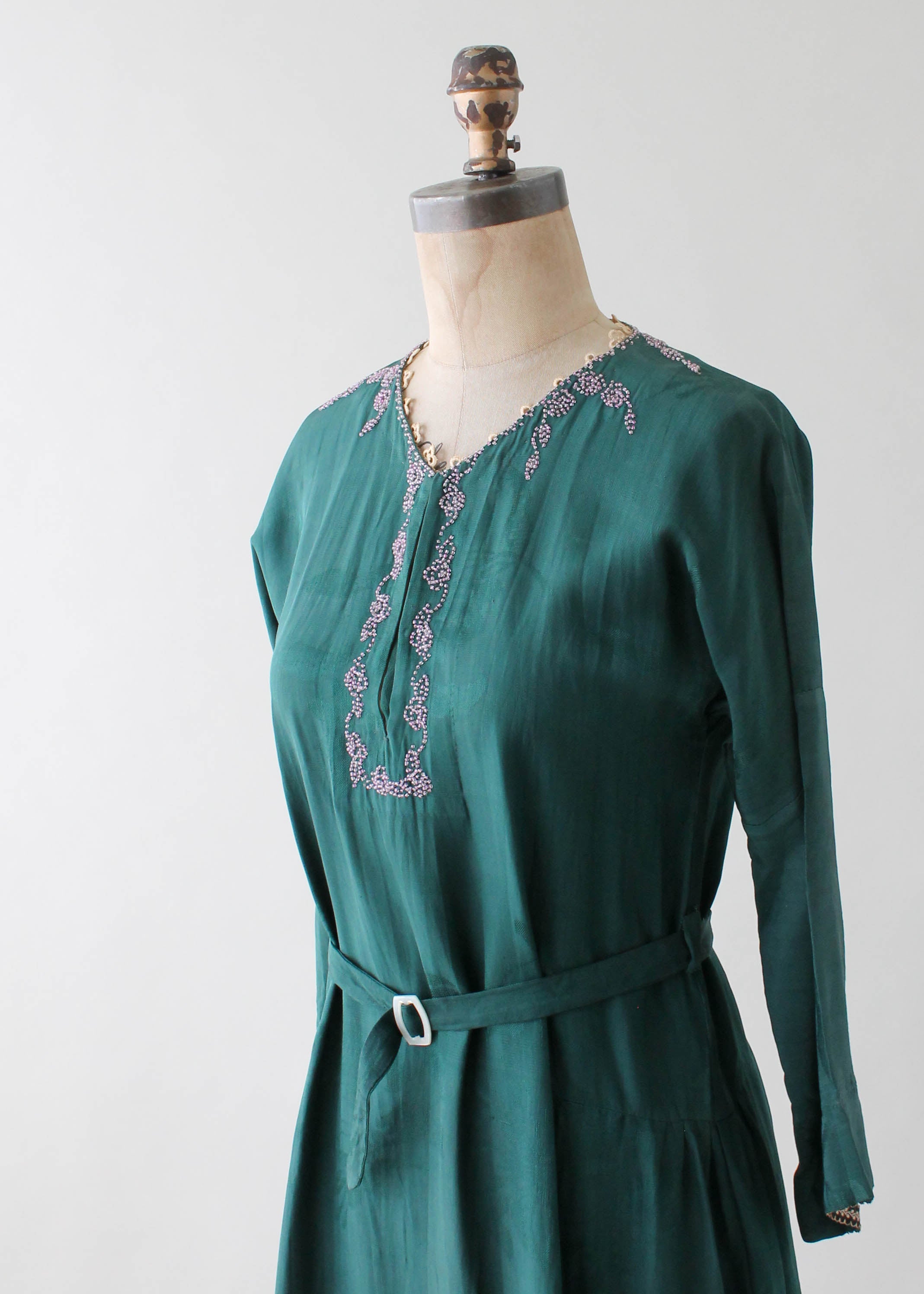 Vintage 1920s Beaded Green Silk Dress