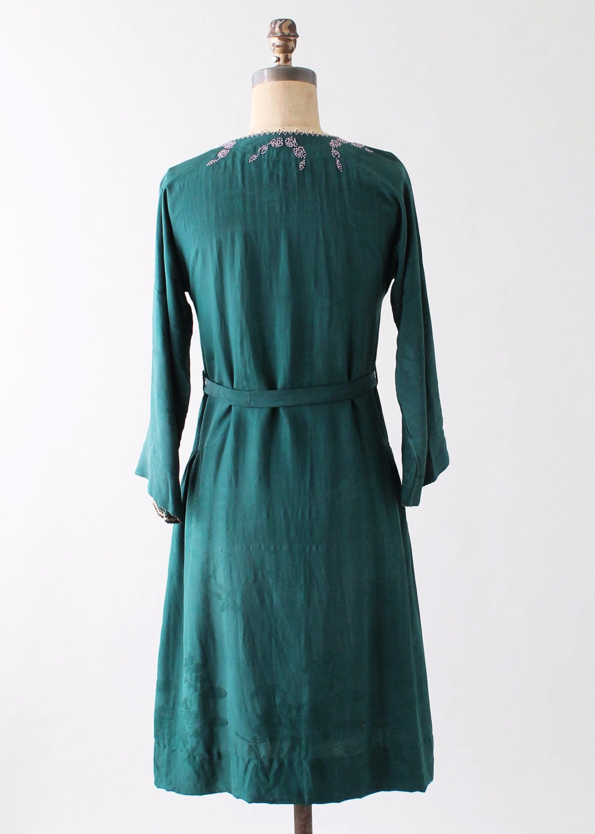 Vintage 1920s Beaded Green Silk Dress
