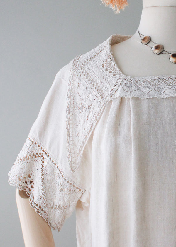 Vintage 1920s Linen and Lace Tunic Top - Raleigh Vintage