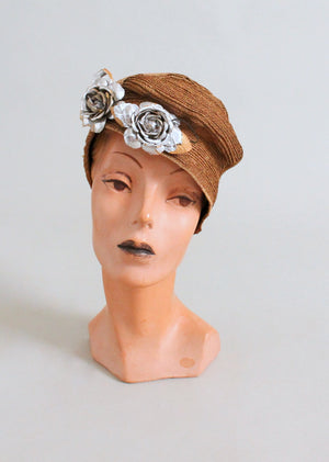 Vintage 1920s Golden Slouch Cloche Hat with Silver Flowers