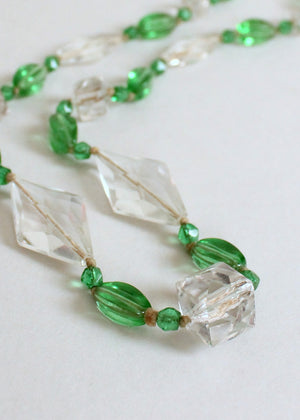 Vintage 1920s Green and Clear Glass Bead Necklace