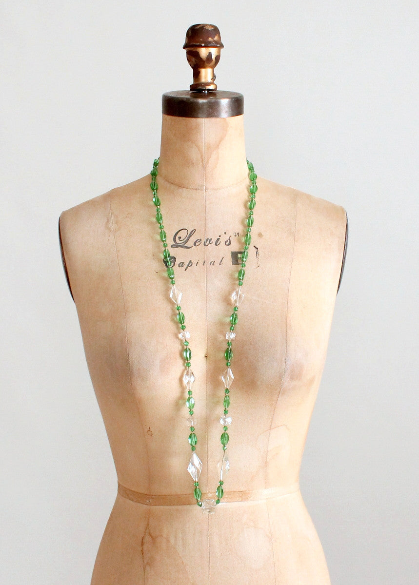 Vintage 1920s Green and Clear Glass Bead Necklace
