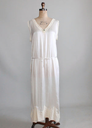 Vintage 1920s Ivory Silk and Lace Belted Flapper Nightgown