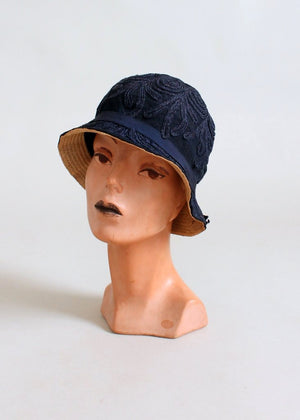 Vintage 1920s Navy Shimmery Soutache Cloche Hat