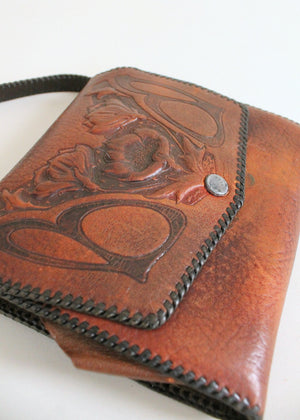 Vintage 1920s Tooled Leather Purse with MakeUp Compartment