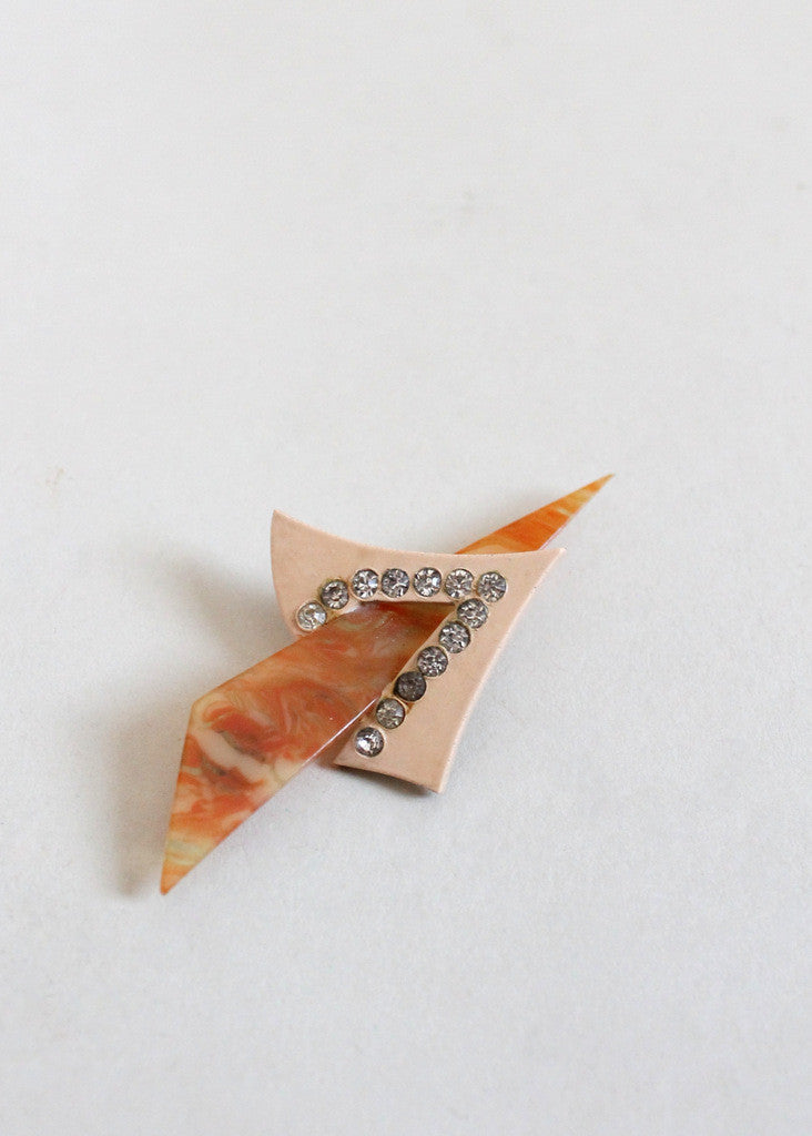 Vintage 1930s Art Deco Celluloid and Rhinestone Brooch