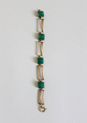 Vintage 1930s Art Deco Green Glass and Brass Bracelet
